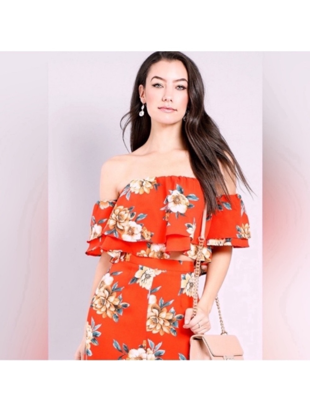 Papaya Off Shoulder Crop Floral Top/Blouse/Shirt Sz M Orange Brown